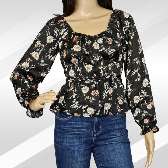 2/$30 Papermoon Black Floral Empire Waist Long Sleeve Blouse Size XSP - Picture 1 of 6